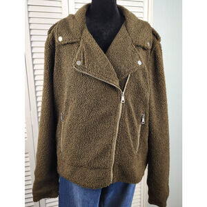 🔥🚨 Max Studio Sherpa Moto Jacket XL Olive Green Faux Fur